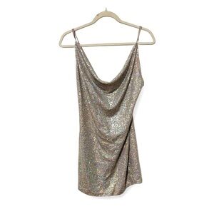 Ibiza vibes  Vintage Y2K white tag Jacaranda silver‎ sequin cowl neck mini dress